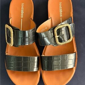 Los Cabos Women's Black Croc-Embossed Slide Sandals with Woven Buckle